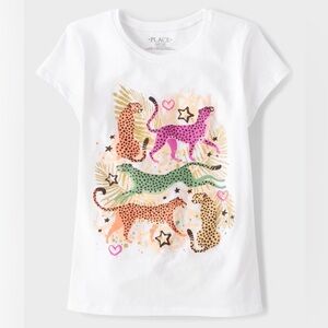 NWT The Children’s Place White Short Sleeve Colorful Cheetah T-Shirt Size Large